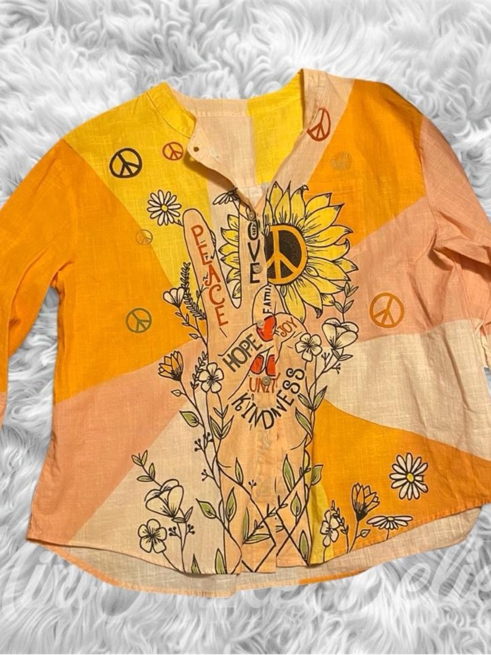 Sunflower Peace Graphic Button-Up Top in Yellow & Peach